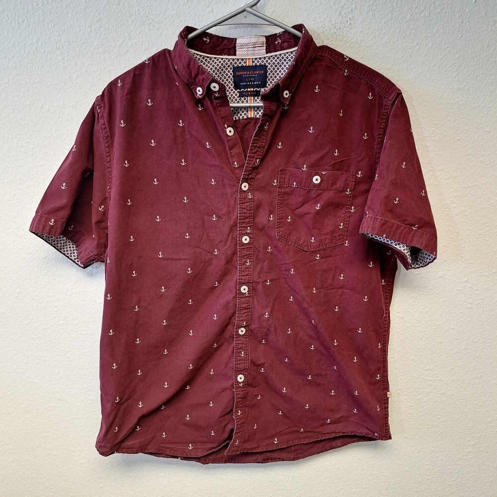 Denim & Flower by Ricky Singh Button Down Shirt Short Sleeve Red Anchors Mens L